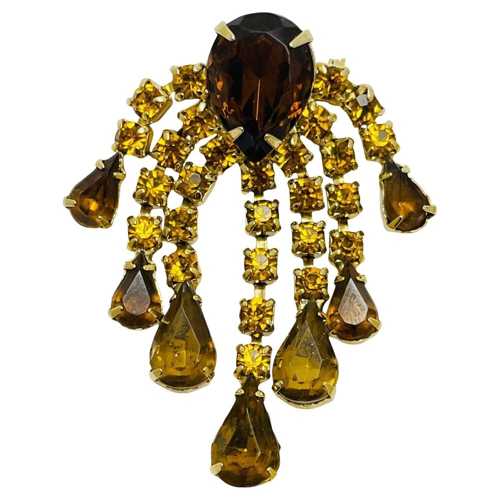 Vintage gold tone amber rhinestone dangle designer brooch